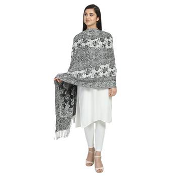 Black & White Viscose Rayon Woven Design Floral Paisley Reversible Shawl 4