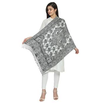 Black & White Viscose Rayon Woven Design Floral Paisley Reversible Shawl 5