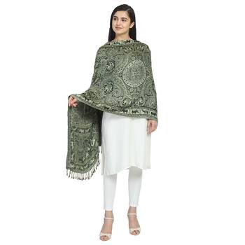 Black & Green Viscose Rayon Woven Design Floral Paisley Animal Reversible Shawl 1