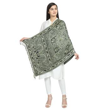 Black & Green Viscose Rayon Woven Design Floral Paisley Animal Reversible Shawl 2