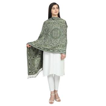 Black & Green Viscose Rayon Woven Design Floral Paisley Animal Reversible Shawl 4