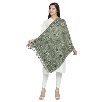 Black & Green Viscose Rayon Woven Design Floral Paisley Animal Reversible Shawl 5