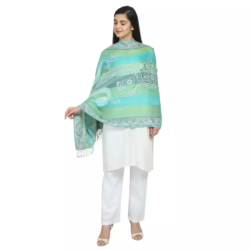 Multicolor & Green Viscose Rayon Woven Design Floral Paisley Shawl