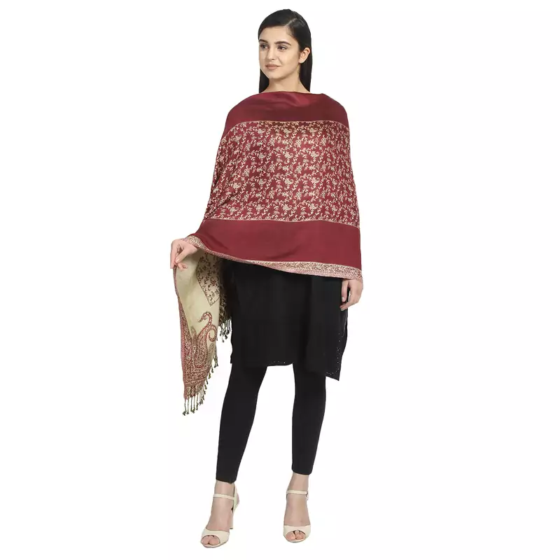 Wine & Beige Viscose Rayon Woven Design Floral Paisley Reversible Shawl
