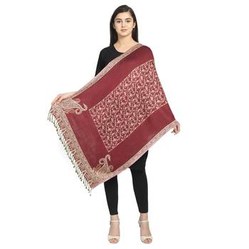 Wine & Beige Viscose Rayon Woven Design Floral Paisley Reversible Shawl 2