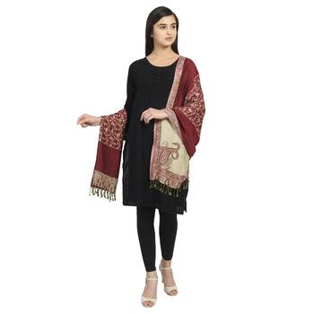 Wine & Beige Viscose Rayon Woven Design Floral Paisley Reversible Shawl 3