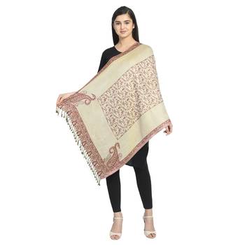 Wine & Beige Viscose Rayon Woven Design Floral Paisley Reversible Shawl 5