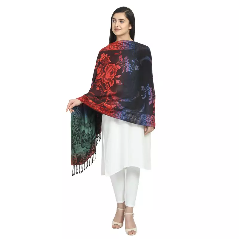 Multicolor Viscose Rayon Woven Design Floral Striped Reversible Shawl