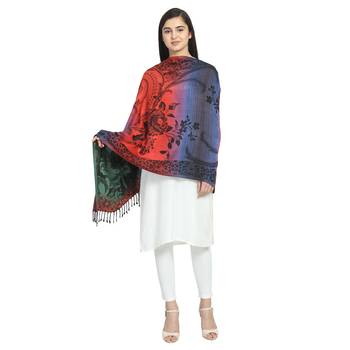 Multicolor Viscose Rayon Woven Design Floral Striped Reversible Shawl 4