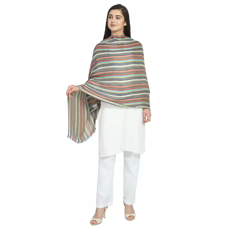 Multicolor Viscose Rayon Woven Design Striped Stole Scarf