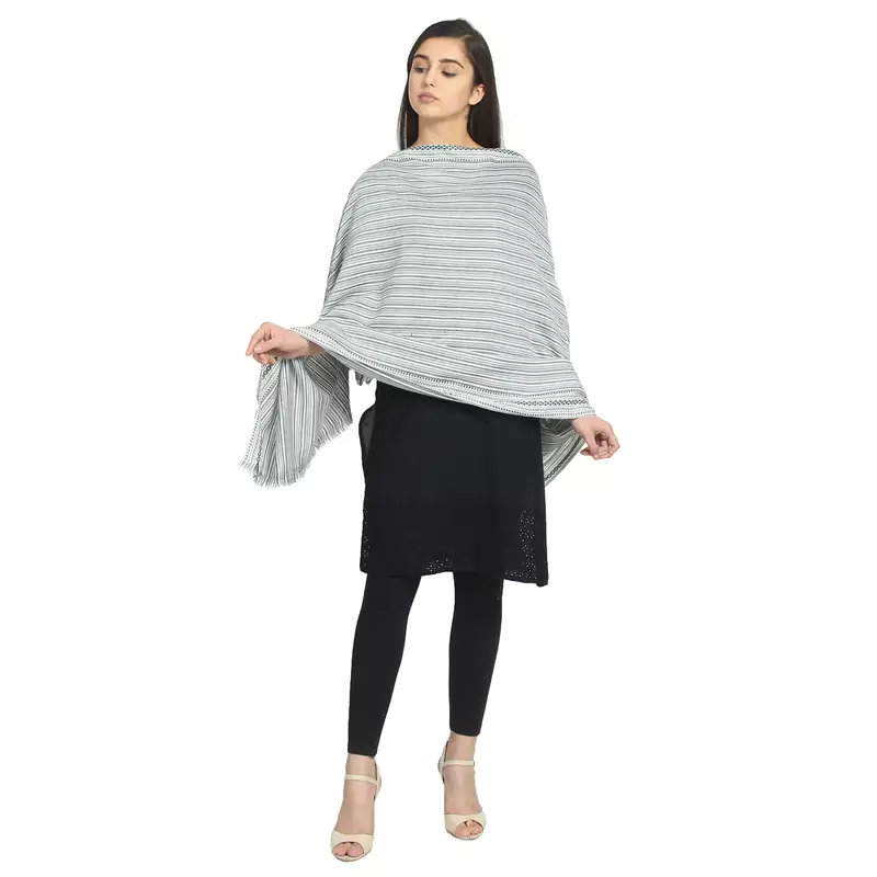 White & Black Viscose Rayon Woven Design Striped Stole