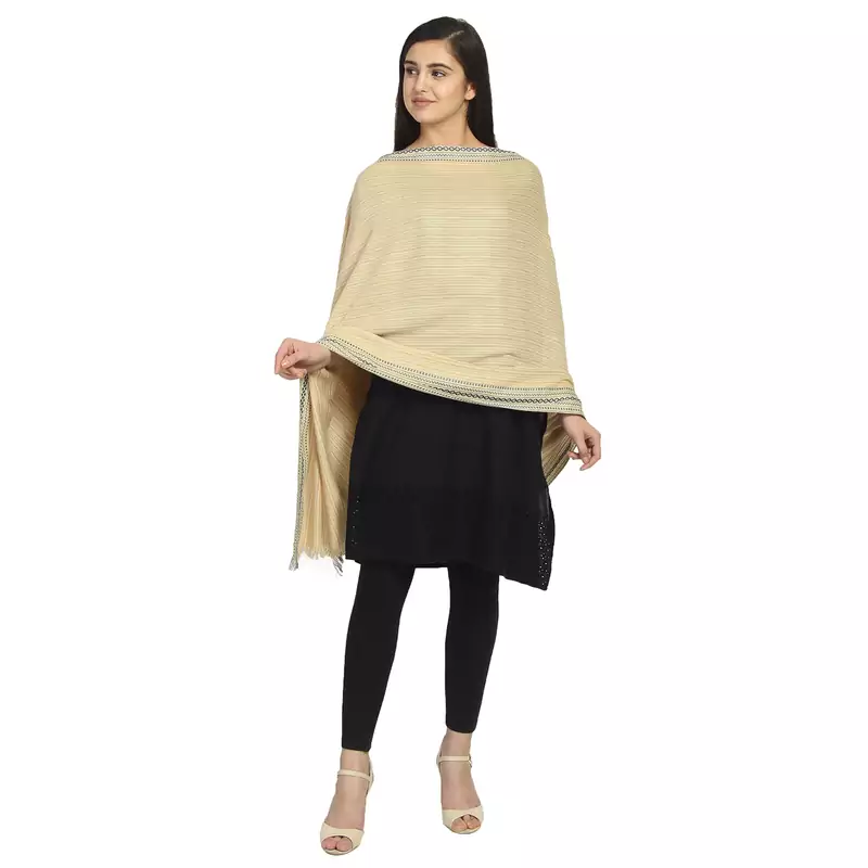 Natural & Navy Viscose Rayon Woven Design Striped Stole