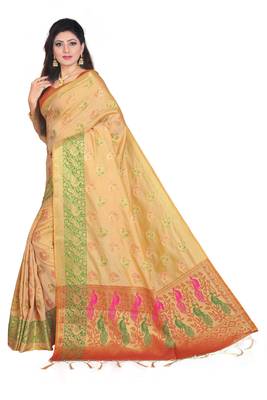Yellow Woven Banarasi Silk Saree With Blouse 3