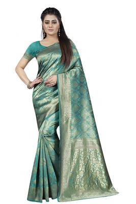 Teal Green Woven Banarasi Silk Saree With Blouse 1