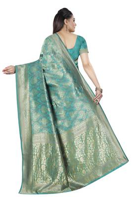 Teal Green Woven Banarasi Silk Saree With Blouse 2