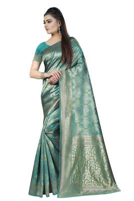 Teal Green Woven Banarasi Silk Saree With Blouse 3