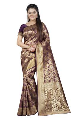 Wine Woven Banarasi Silk Saree With Blouse 1