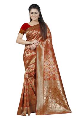 Red Woven Banarasi Silk Saree With Blouse 1