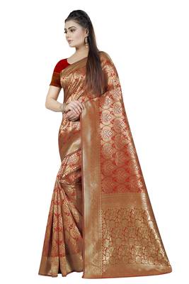 Red Woven Banarasi Silk Saree With Blouse 3