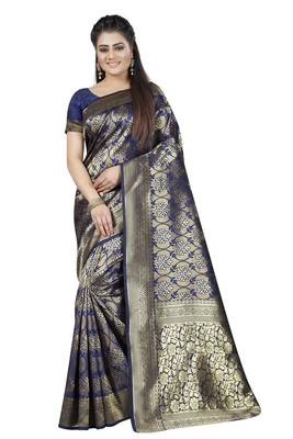 Navy Blue Woven Banarasi Silk Saree With Blouse 1