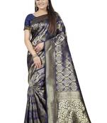 Navy Blue Woven Banarasi Silk Saree With Blouse