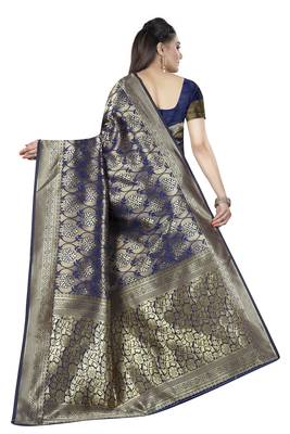 Navy Blue Woven Banarasi Silk Saree With Blouse 2