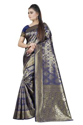 Navy Blue Woven Banarasi Silk Saree With Blouse 3