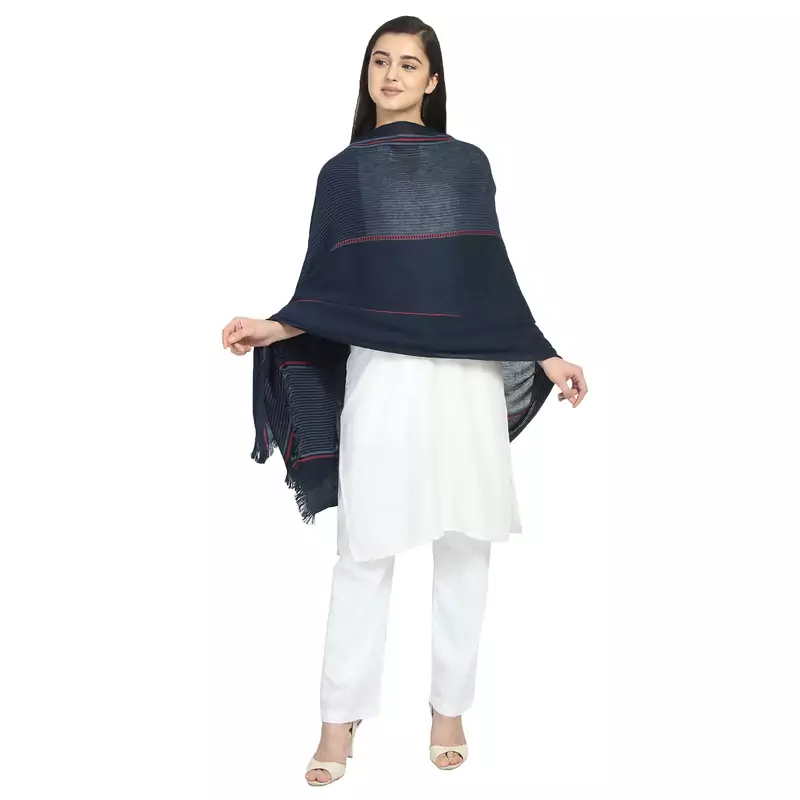 Navy Viscose Rayon Woven Design Striped Stole