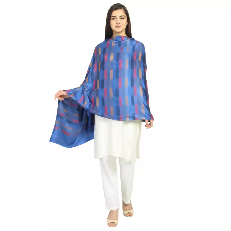 Royal Blue & Multicolor Modal Woven Design Geometric Striped Shawl