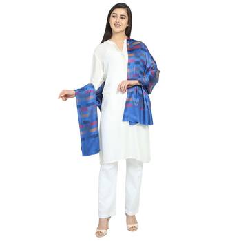 Royal Blue & Multicolor Modal Woven Design Geometric Striped Shawl 3