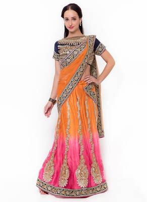 Orange Embroidered Net Saree With Blouse 1