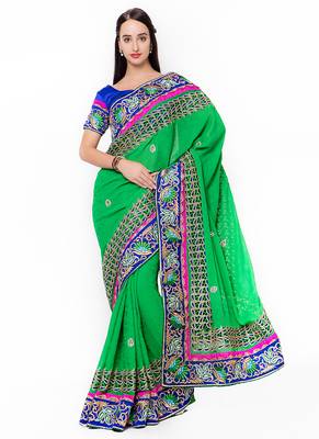 Green Embroidered Jacquard Saree With Blouse 1