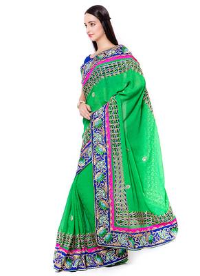 Green Embroidered Jacquard Saree With Blouse 2