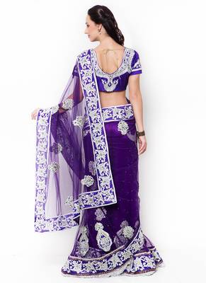 Blue Embroidered Net Saree With Blouse 3