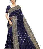 Navy Blue Embroidered Silk Saree With Blouse