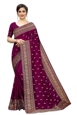 Wine Embroidered Silk Saree With Blouse 1