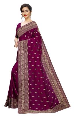 Wine Embroidered Silk Saree With Blouse 2