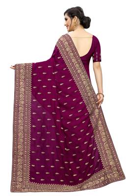 Wine Embroidered Silk Saree With Blouse 3