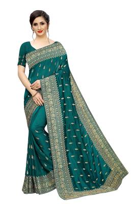 Teal Embroidered Silk Saree With Blouse 1
