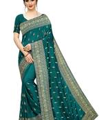 Teal Embroidered Silk Saree With Blouse