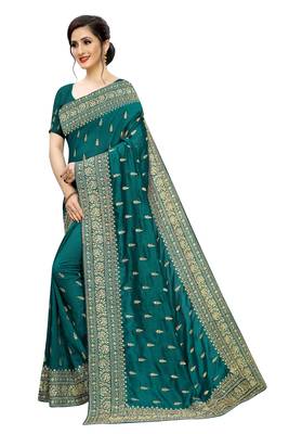 Teal Embroidered Silk Saree With Blouse 2