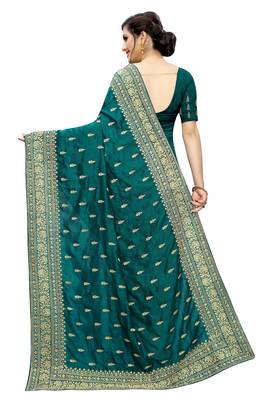 Teal Embroidered Silk Saree With Blouse 3