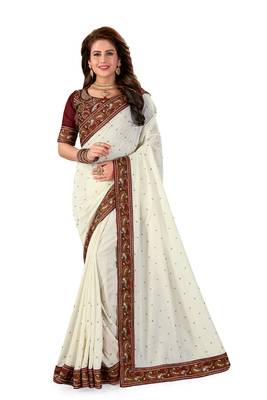 Off White Embroidered Silk Saree With Blouse 1