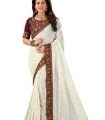 Off White Embroidered Silk Saree With Blouse