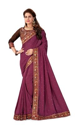 Wine Embroidered Silk Saree With Blouse 1