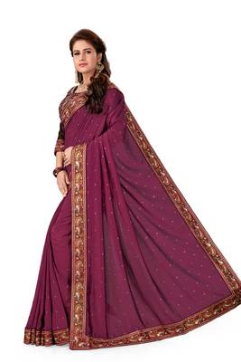 Wine Embroidered Silk Saree With Blouse 2
