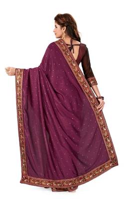 Wine Embroidered Silk Saree With Blouse 3