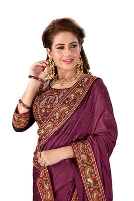 Wine Embroidered Silk Saree With Blouse 4