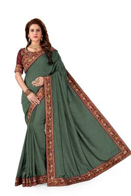 Mehendi Embroidered Silk Saree With Blouse 1