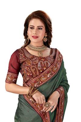 Mehendi Embroidered Silk Saree With Blouse 4